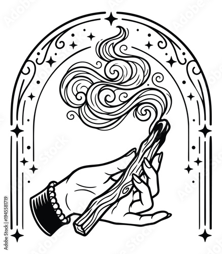 Line art illustration of mystical hand under ornate arch depicting celestial smoke and stars for spiritual design
