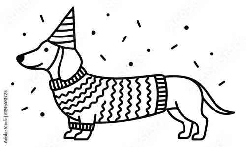 Outline illustration of dachshund dog wearing festive sweater and party hat for celebration and holiday design