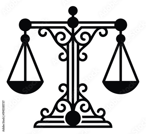 Ornate silhouette illustration of balance scales depicting justice and law symbolism for legal design