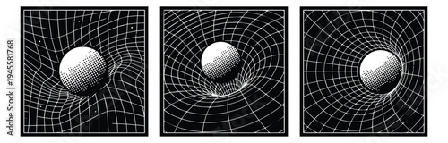 Engraving illustration set of 3 gravity well diagrams featuring spheres warping space time grid for physics and science education