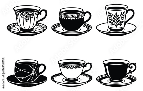 Engraving icon set of 6 decorative teacups featuring ornate patterns and vintage styles for cafe and tea branding