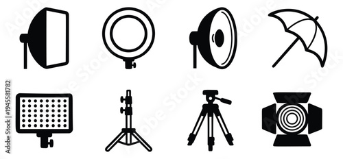 Silhouette icon set of 8 professional photography equipment featuring lighting, camera gear and studio tools for media production