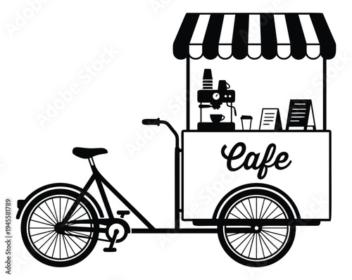 Outline illustration of mobile coffee cart bicycle depicting street vendor setup for food and beverage business design
