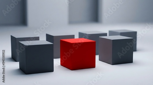 Red cube standing out among gray cubes, abstract concept of uniqueness and individuality, minimalist 3D rendering with soft lighting