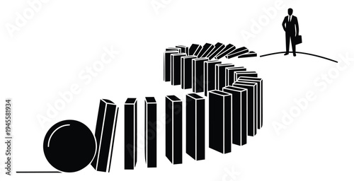 Bold silhouette illustration of businessman standing above domino chain depicting crisis management and leadership for business design
