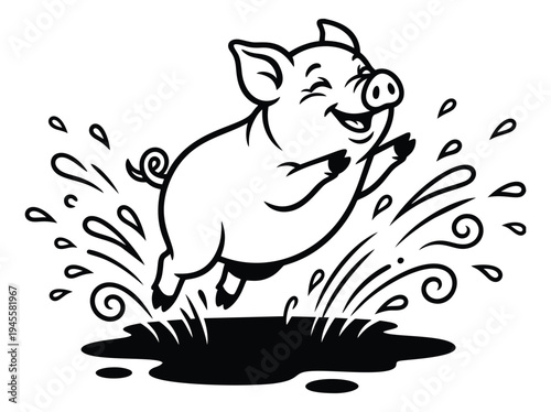Cartoon illustration of happy pig jumping in mud puddle depicting playful farm animal for agricultural design