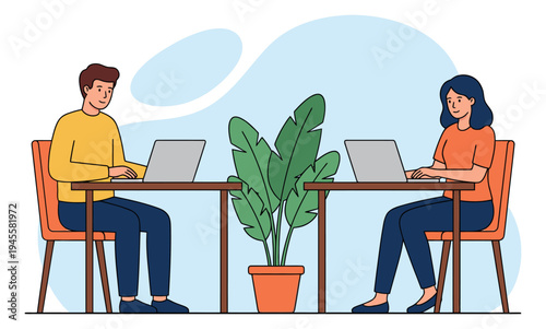 Flat illustration of coworkers at shared workspace depicting remote team collaboration for business and office design