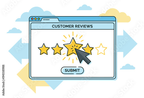 Flat illustration of customer review interface depicting five star rating submission for feedback and satisfaction design