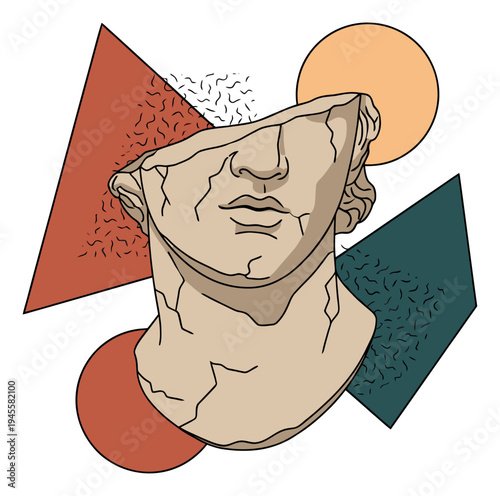 Line art illustration of classical sculpture bust with abstract geometric shapes for contemporary art design