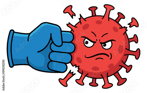 Cartoon illustration of blue gloved hand punching angry virus depicting pandemic protection for healthcare and safety design