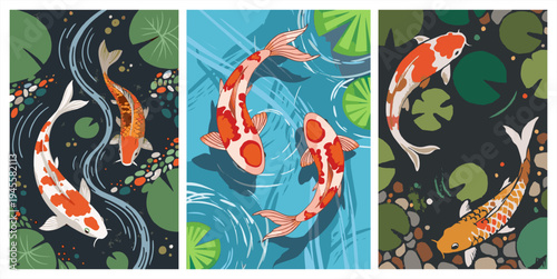Set of Japanese koi fish pond posters with lily pads and water ripples in a vibrant flat design style, perfect for zen and nature-themed decor.