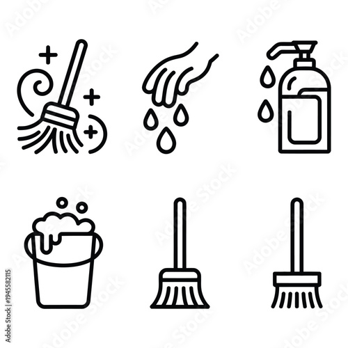 Cleaning and Hygiene Tools Icon Set with Broom, Hand Wash, and Soap Dispenser