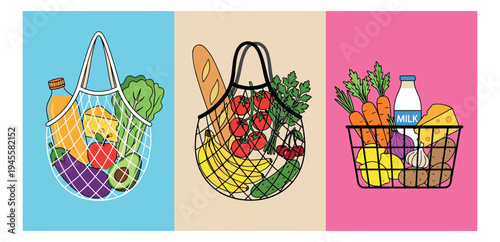 Flat icon set of 3 eco shopping bags and baskets featuring fresh produce and groceries for sustainable lifestyle design