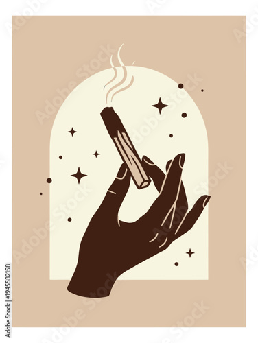 Flat illustration of hand holding burning sage depicting spiritual cleansing ritual for mystical and wellness design