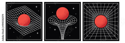 Outline illustration set of 3 gravity well posters featuring warped grid space and sphere for science and physics design