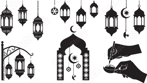 Ramadan Kareem decorations and lanterns in black silhouette style