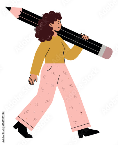 Flat illustration of woman carrying giant pencil depicting creativity and writing for education and content design