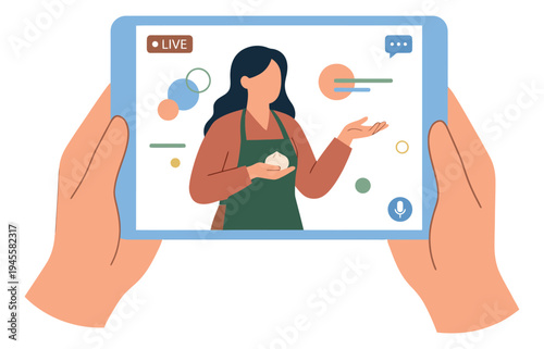 Flat illustration of online cooking class depicting live streaming culinary tutorial for digital education and social media content