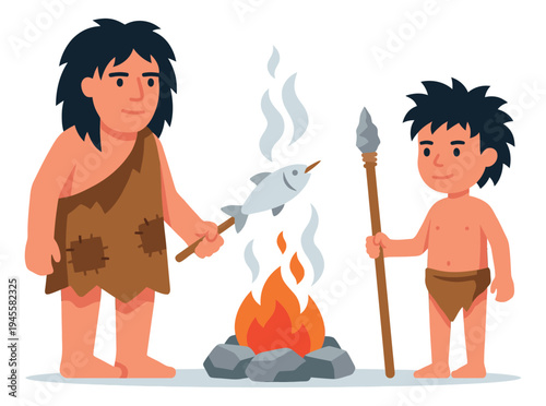 Flat illustration of prehistoric caveman and child cooking fish over campfire for stone age and ancient history design