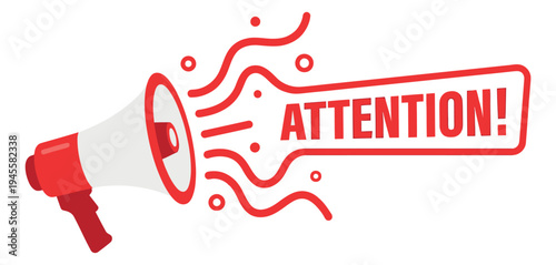 Flat illustration of megaphone broadcasting attention message depicting announcement alert for marketing and communication design