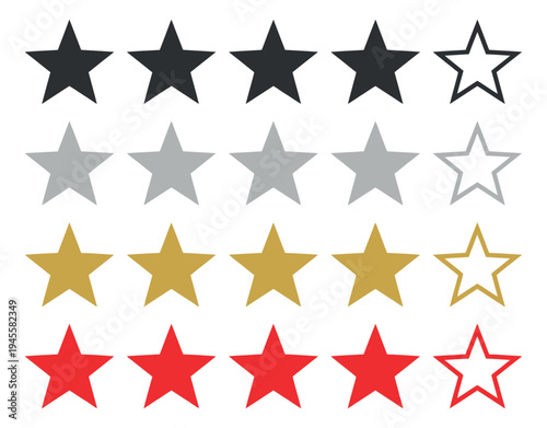 Flat icon set of 20 customer rating symbols featuring star ratings in multiple color variations for review and feedback design