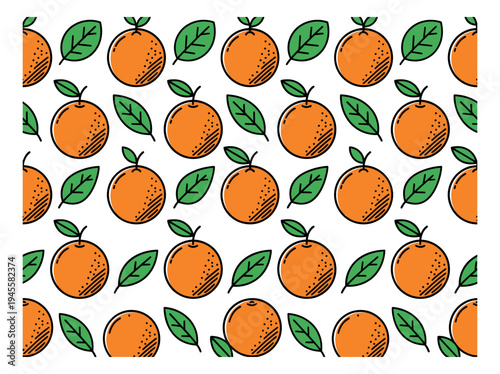 Cartoon seamless pattern featuring oranges and leaves on white background for fresh citrus fruit design