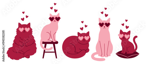 Flat illustration set of 5 cats in love wearing heart sunglasses for valentines day and romance design
