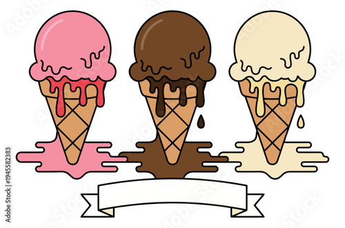 Cartoon illustration of three melting ice cream cones featuring blank banner for dessert and summer design
