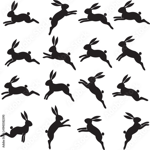 A collection of black silhouette rabbits in various jumping poses