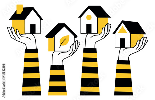 Flat illustration of hands holding houses depicting real estate property ownership for housing and investment design