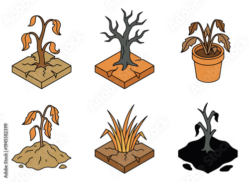 Cartoon icon set of 6 dead and dying plants featuring wilted leaves and drought conditions for gardening and agriculture design
