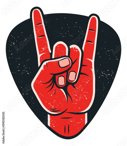 Cartoon illustration of rock hand gesture on guitar pick depicting music culture symbol for concert and festival design