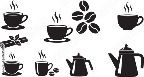 Coffee and Tea Icon Set with Various Utensils Included