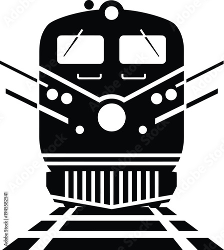 Black and white illustration of a train engine on railroad tracks