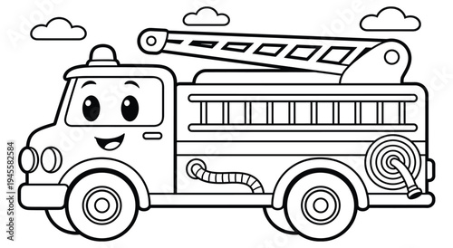 Happy cartoon fire truck ready for coloring with simple lines