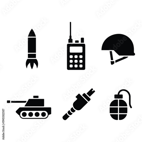 Collection of military equipment like a tank, helmet, rocket, and grenade