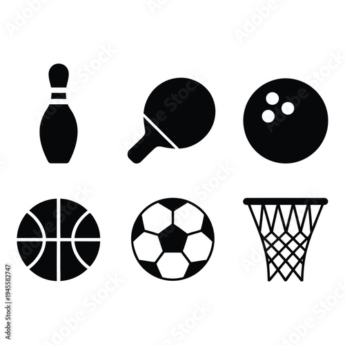 Collection of sport equipment icons including bowling pin, table tennis paddle, soccer ball, basketball