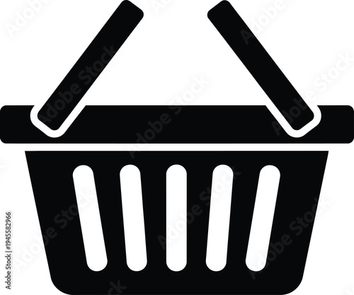 A simple black shopping basket icon on a white background