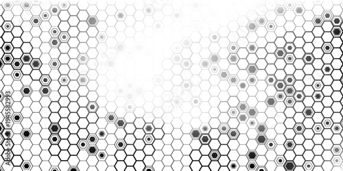 Hexagon halftone gradient texture. Abstract black grunge background. Geometric retro halftone tech overlay. Fading wavy hexagonal pattern backdrop. Vector vanishing honeycomb grunge bitmap wallpaper