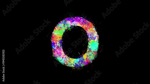 English alphabet O with colorful paint splashes effect on plain black background