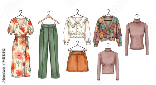 Set of 7 fashion clothing items vector