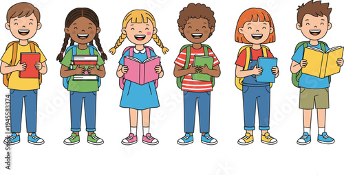 Flat vector illustration of multicultural elementary students holding books and wearing colorful school bags