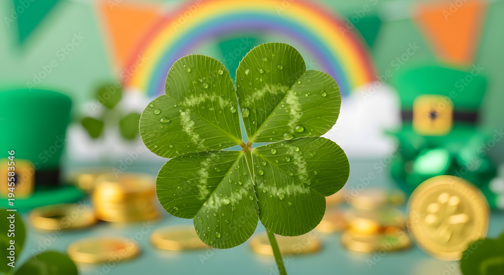 Fototapeta premium Close up of a lucky four leaf clover with rainbow and gold coins