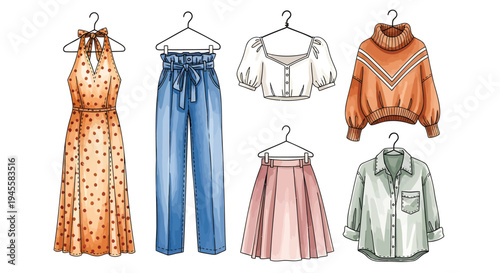 Set of 6 fashion clothing illustrations vector