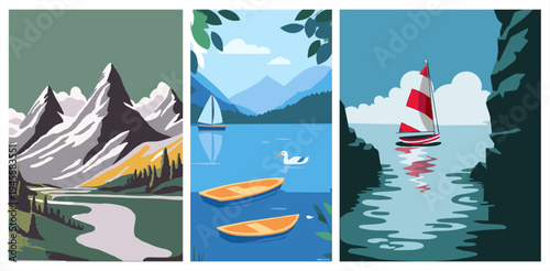 Set of landscape banners featuring snow-capped mountains, serene lakes with sailboats, and coastal cliffs in a vibrant flat design style.