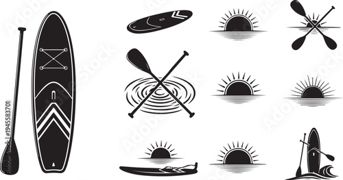 Black and white stand up paddle board icon set