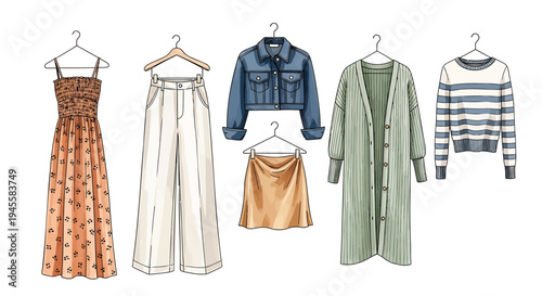 Set of 6 clothing items vector, fashion illustrations
