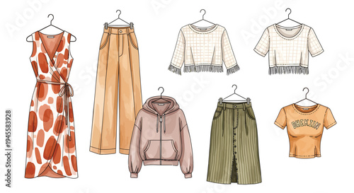 Set of 7 clothing icons vector, fashion illustrations