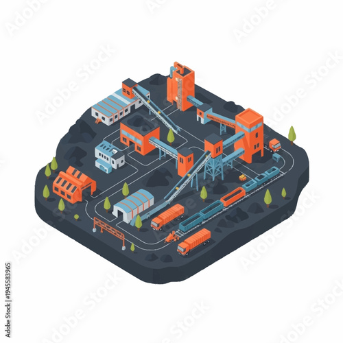 Industrial Mining Facility with Conveyor Belts and Trucks.