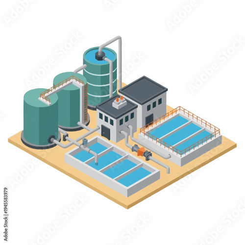 Industrial Water Treatment Plant Isometric Illustration.